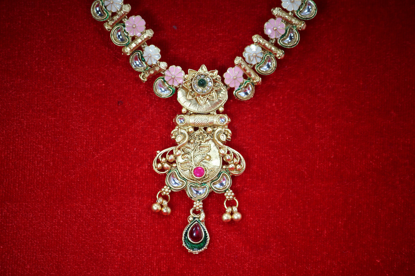 Bridal Necklace Set with Multicolored Stones and Ornate Pendant- Traditional Set For Women And Girls