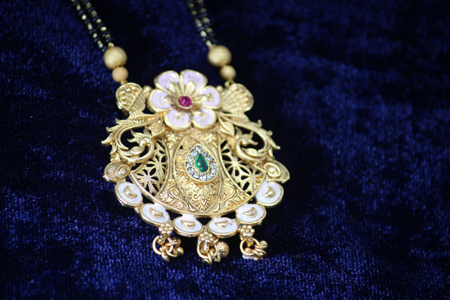 Elegant Imitation Floral And moon Desig Gold Mangalsutra with Ruby & Emerald Accents- Traditional Indian Wedding Jewelry