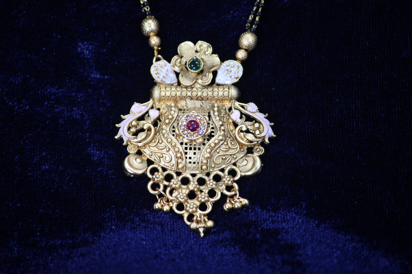 Elegant Imitation Floral Design Gold Mangalsutra with Ruby & Emerald Accents- Traditional Indian Wedding Jewelry