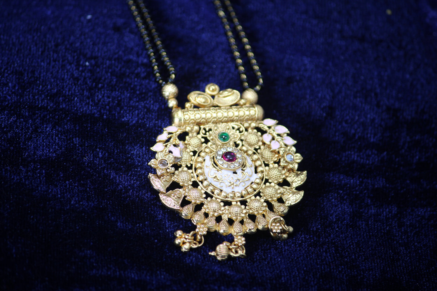 Elegant Imitation Sunflower Design Gold Mangalsutra with Ruby & Emerald Accents- Traditional Indian Wedding Jewelry