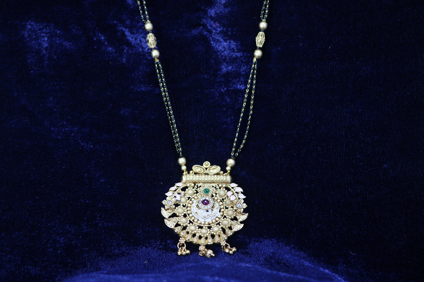 Elegant Imitation Sunflower Design Gold Mangalsutra with Ruby & Emerald Accents- Traditional Indian Wedding Jewelry