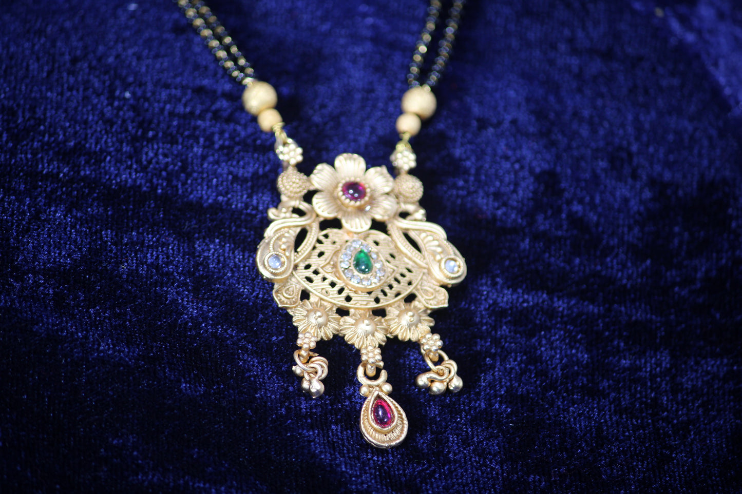 Elegant Imitation Droplet Design Gold Mangalsutra with Ruby & Emerald Accents- Traditional Indian Wedding Jewelry