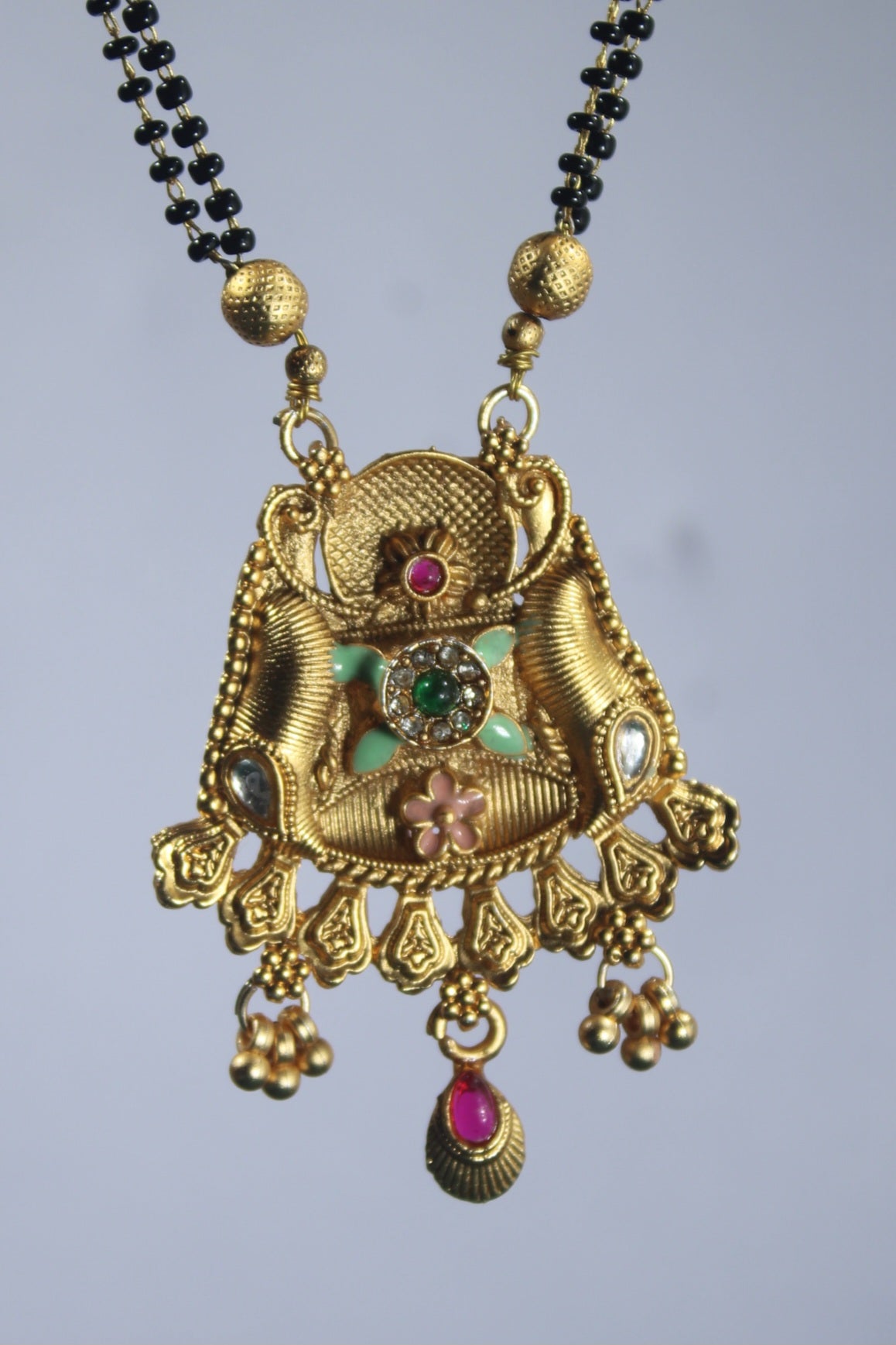 Flower Design Gold Mangalsutra with Ruby & Emerald Accents- Traditional Indian Wedding Jewelry