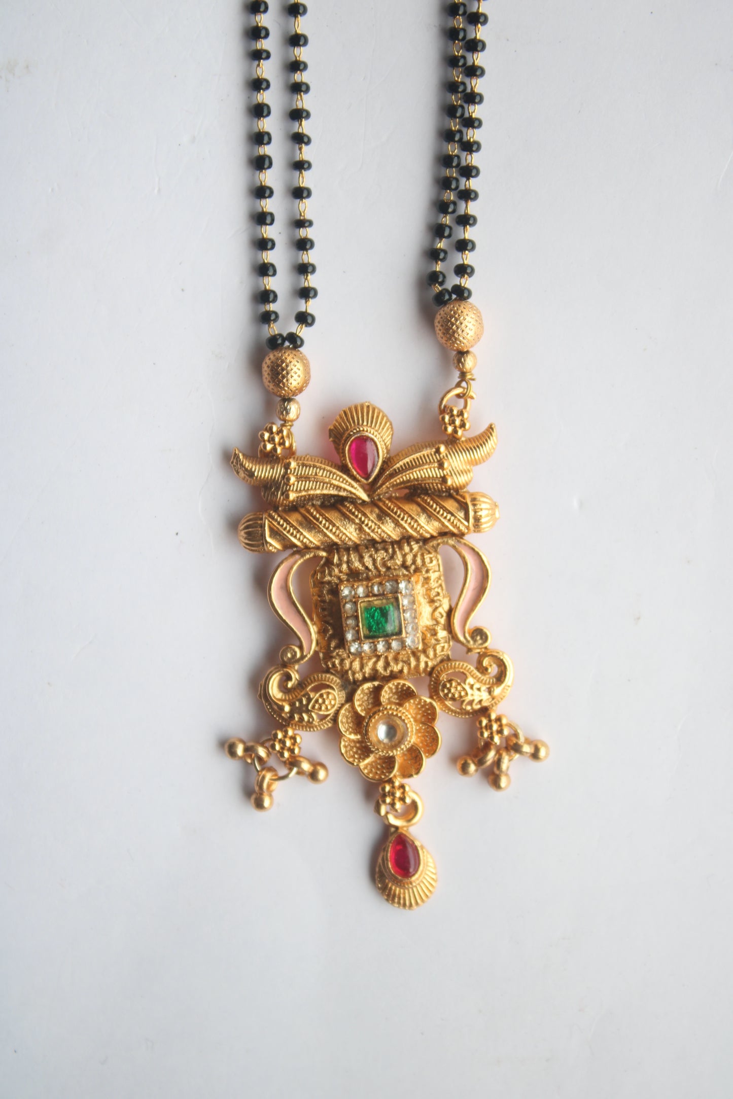 Traditional Floral Design Gold Mangalsutra with Ruby & Emerald Accents- Traditional Indian Wedding Jewelry