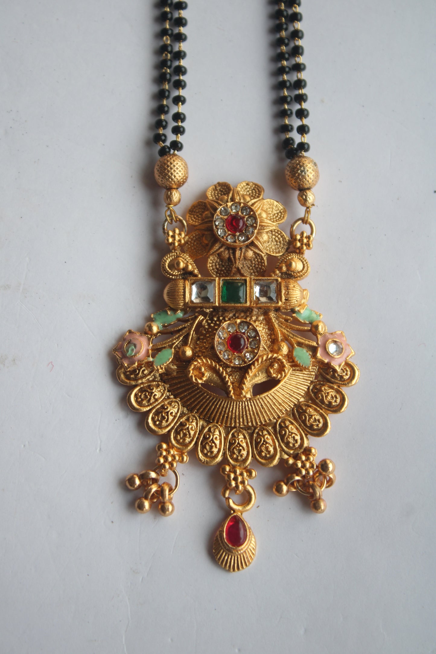 Traditional Floral Design Gold Mangalsutra with Ruby & Emerald Accents- Traditional Indian Wedding Jewelry