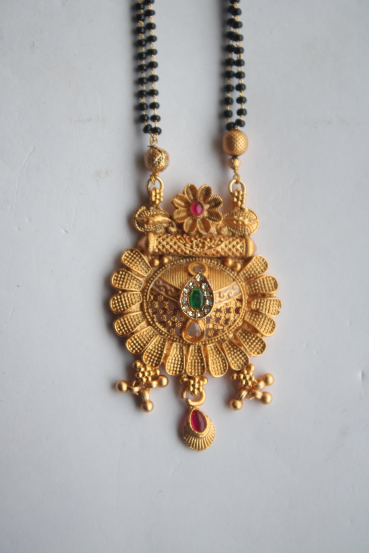 Traditional Sunflower Design Gold Mangalsutra with Ruby & Emerald Accents- Traditional Indian Wedding Jewelry