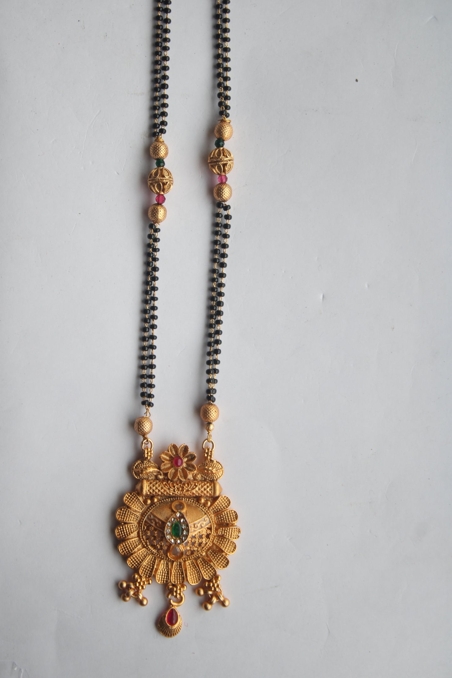 Traditional Sunflower Design Gold Mangalsutra with Ruby & Emerald Accents- Traditional Indian Wedding Jewelry