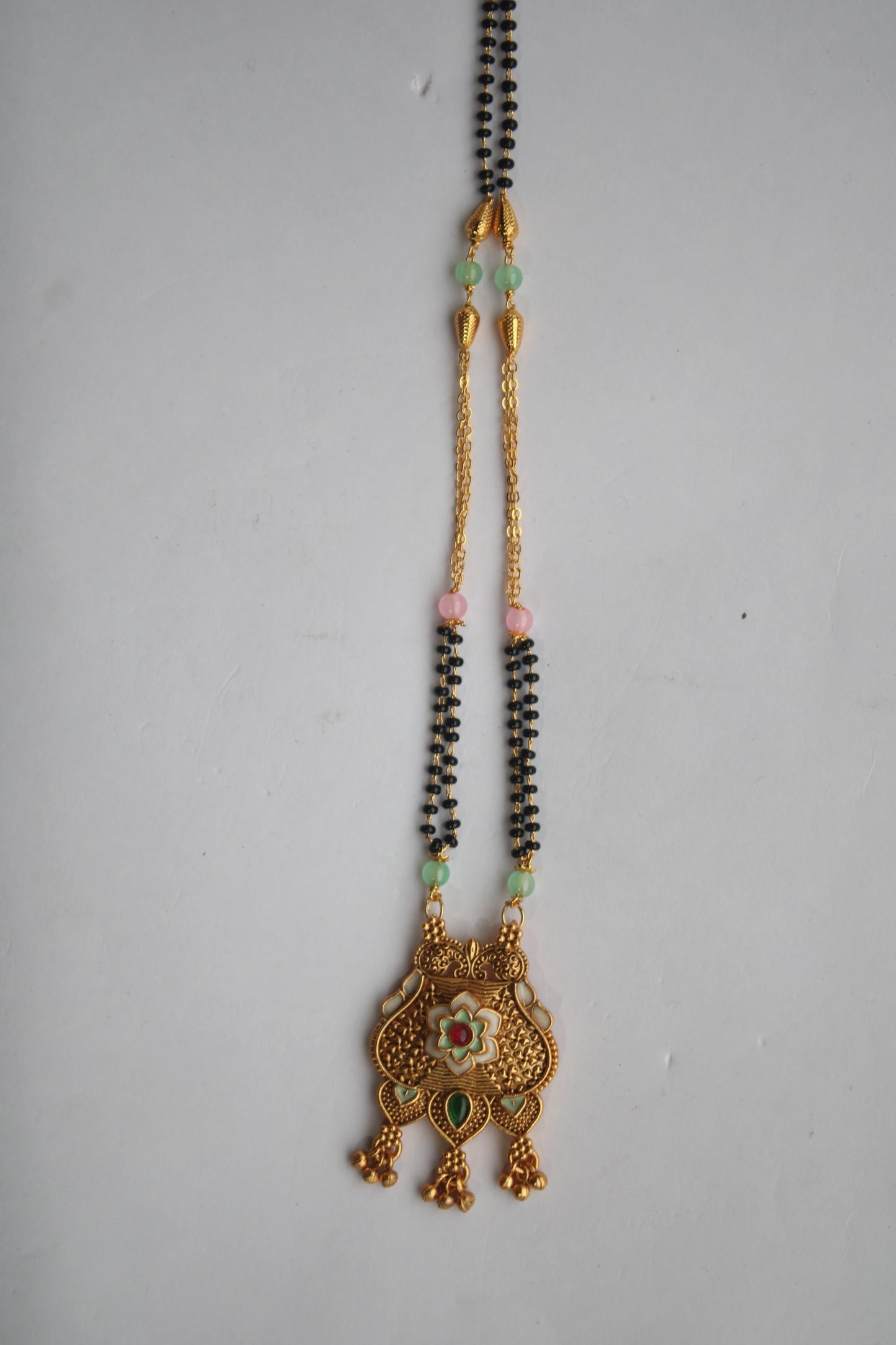 Unique Floral Design Gold Mangalsutra with Ruby & Emerald Accents- Traditional Indian Wedding Jewelry