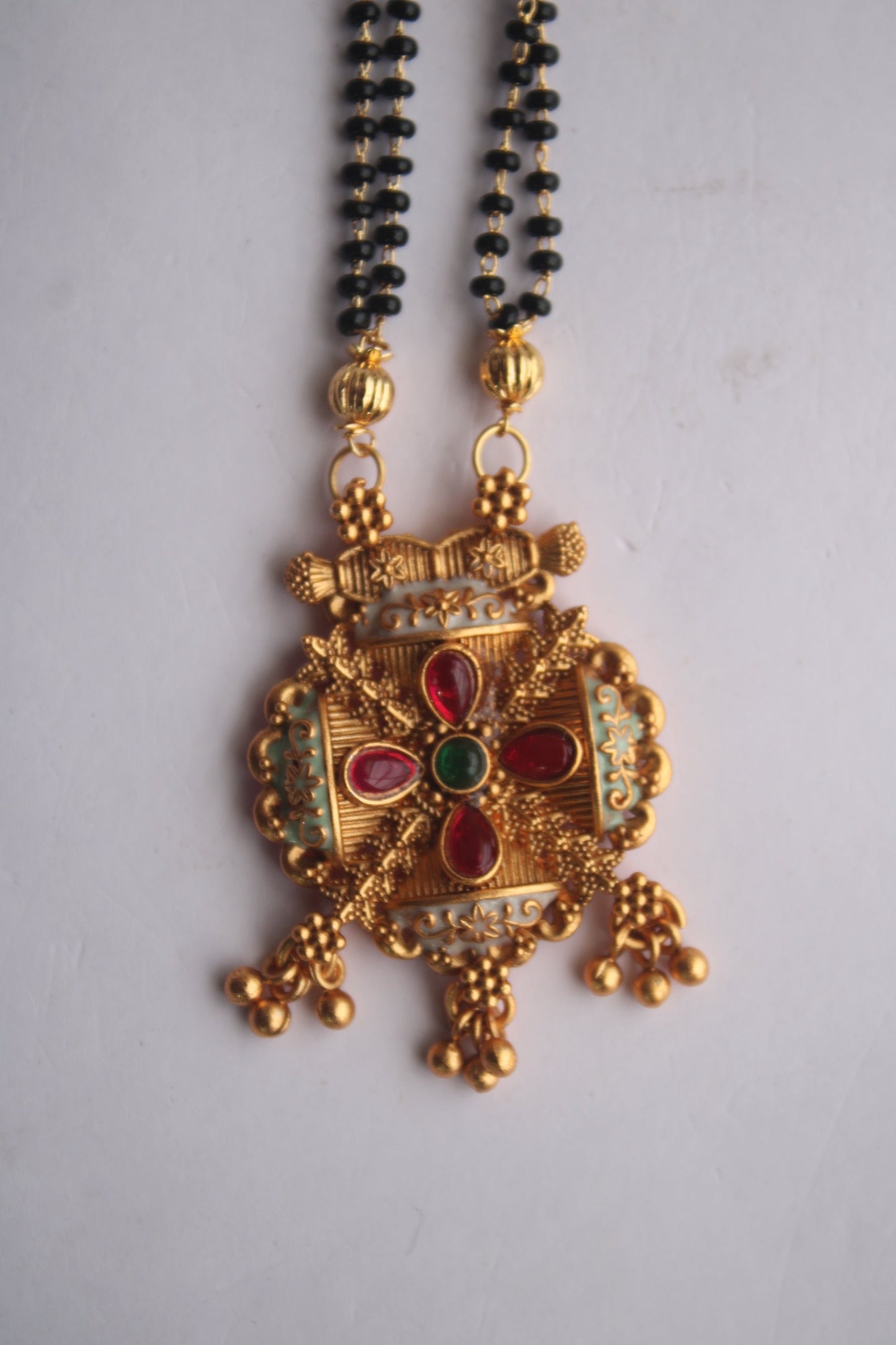 Trendy Design Gold Mangalsutra with Ruby & Emerald Accents- Traditional Indian Wedding Jewelry