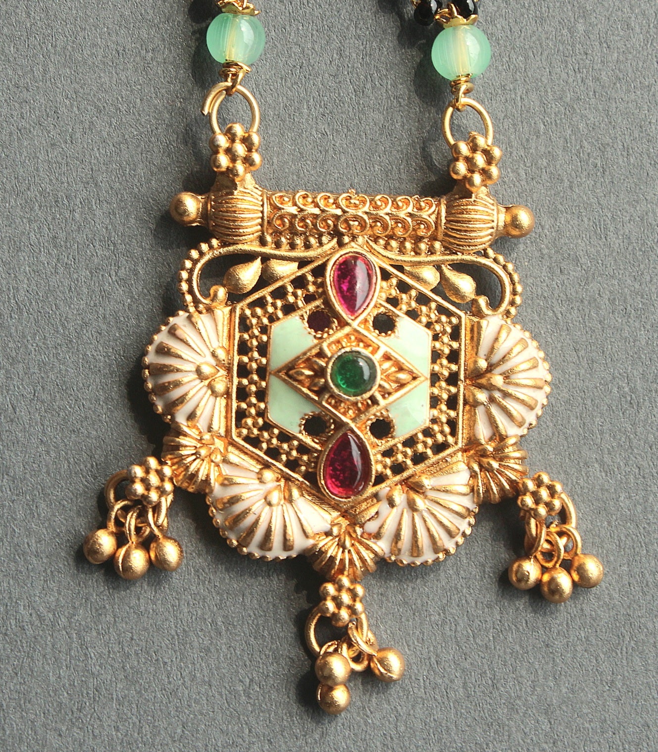 Trendy Hexagon Floral Design Gold Plated Mangalsutra with Ruby & Emerald Accents- Traditional Indian Wedding Jewelry