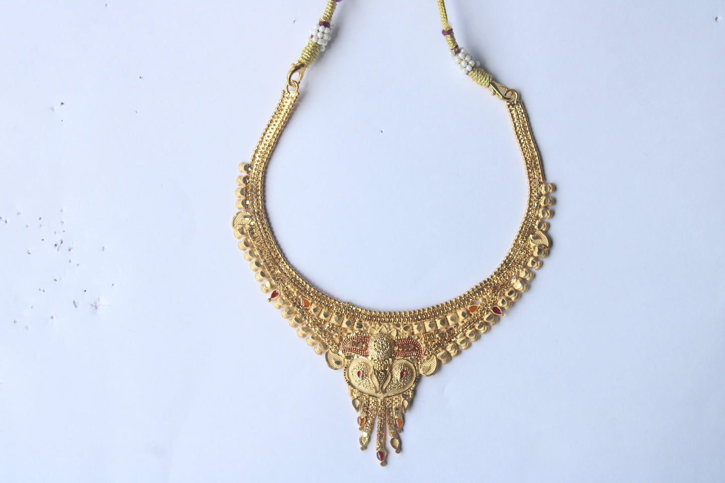 Elegant Traditional Gold-Toned Necklace with Intricate Red & Yellow Stone Accents – Perfect for Festive & Bridal Wear